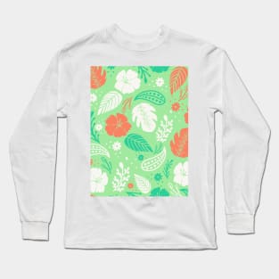 Foliage & Hibiscus Pattern - Mint Long Sleeve T-Shirt